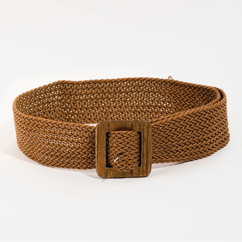 Wooden Square Buckle Wide Braided Belt 44”  | Brown